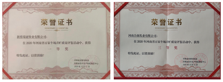 榮譽(yù) | “百家牛場(chǎng)青貯質(zhì)量評(píng)鑒活動(dòng)”花花牛新蔡瑞亞牧業(yè)、河南合源乳業(yè)分別榮獲一、三等獎(jiǎng)